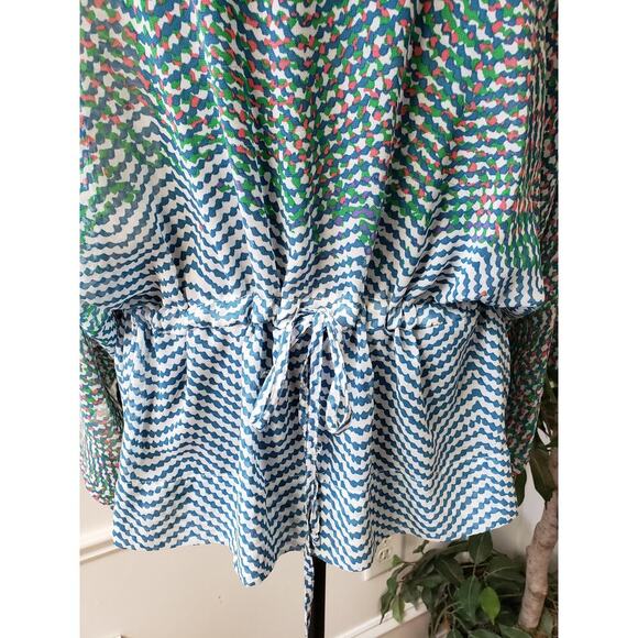 CAbi Tunic Top Womens Medium Multi Printed Arts Sheer Kimono Sleeve Tie Waisted - Picture 8 of 12